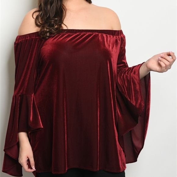 VELVET OFF SHOULDER BELL SLEEVE TOP - Picture 2 of 4